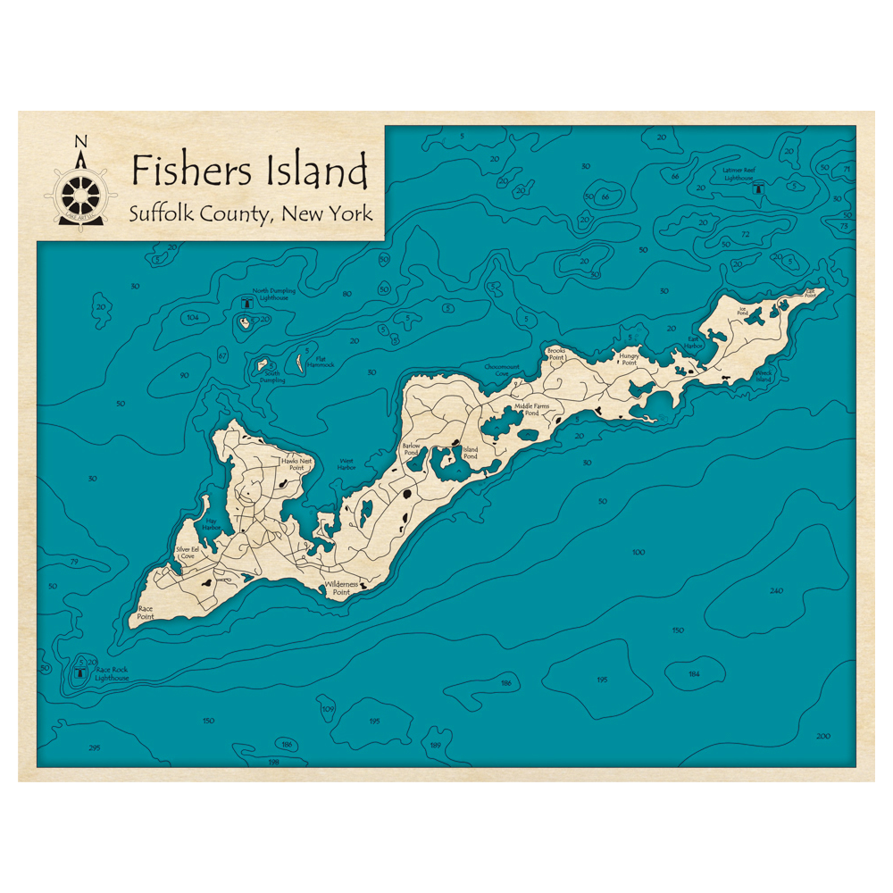 Bathymetric topo map of Fishers Island, NY with roads, towns and depths noted in blue water.
