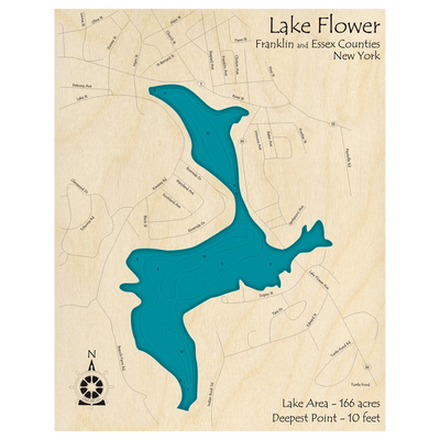 Bathymetric topo map of Lake Flower, NY with roads, towns and depths noted in blue water.