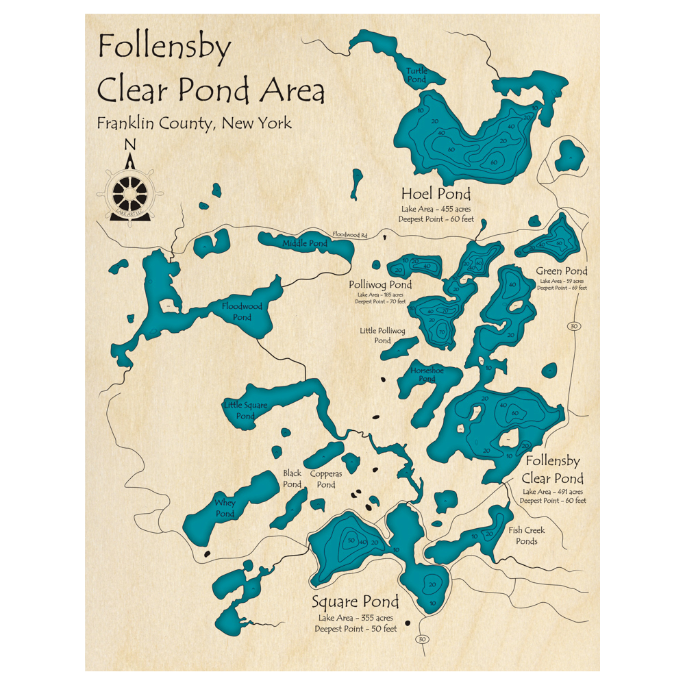 Bathymetric topo map of Follensby Clear Pond Area, NY with roads, towns and depths noted in blue water.