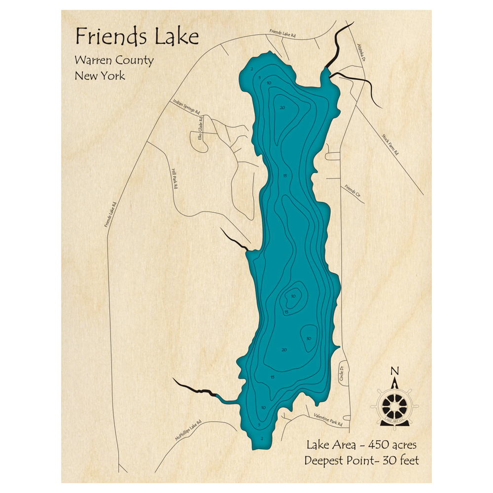 Bathymetric topo map of Friends Lake, NY with roads, towns and depths noted in blue water.