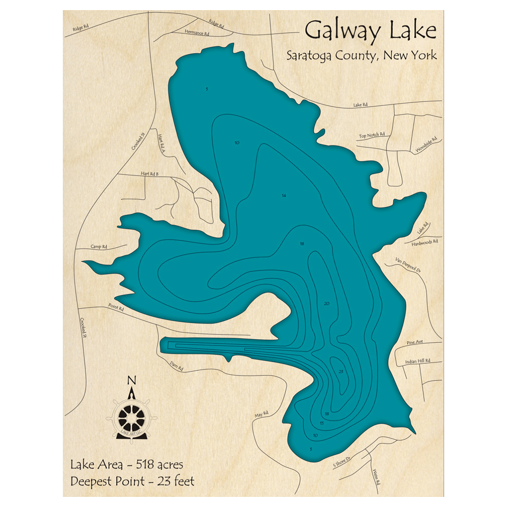 Bathymetric topo map of Galway Lake, NY with roads, towns and depths noted in blue water.