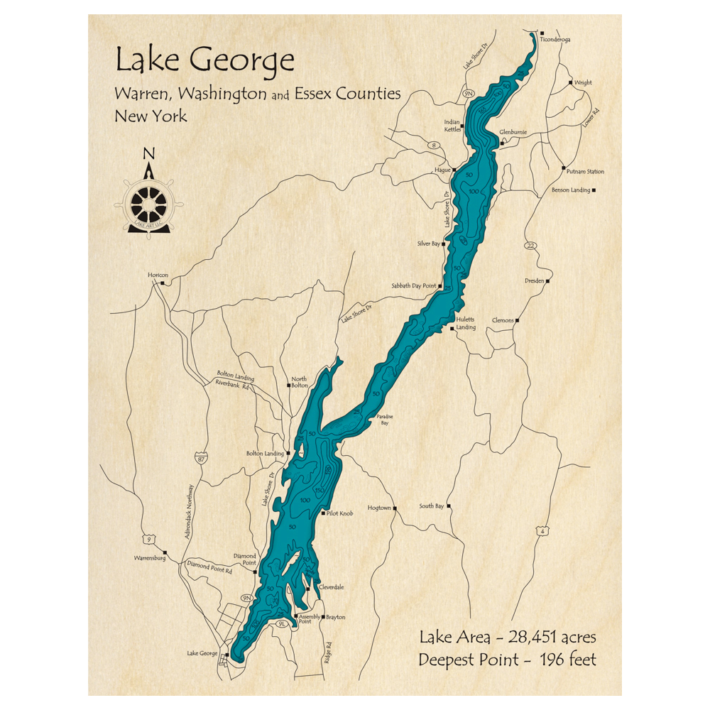 Bathymetric topo map of Lake George, NY with roads, towns and depths noted in blue water.