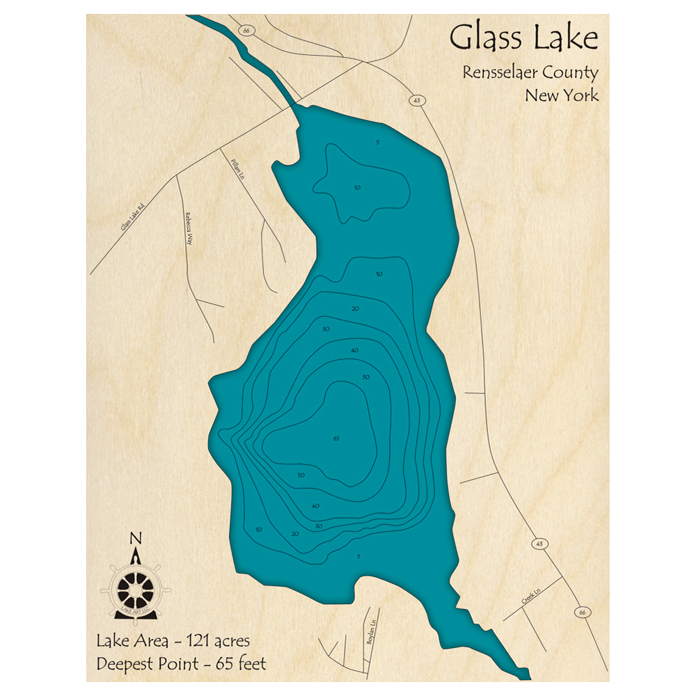 Bathymetric topo map of Glass Lake, NY with roads, towns and depths noted in blue water.