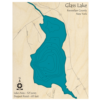 Bathymetric topo map of Glass Lake, NY with roads, towns and depths noted in blue water.