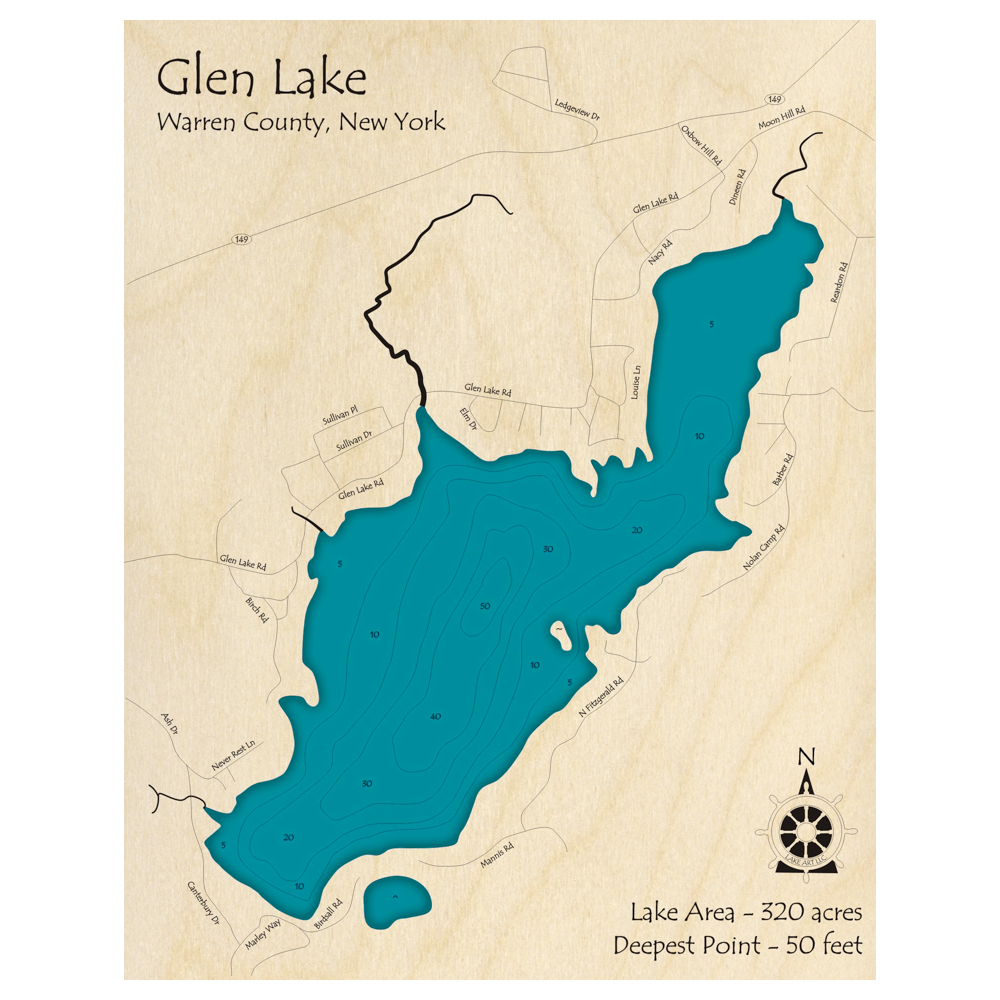 Bathymetric topo map of Glen Lake, NY with roads, towns and depths noted in blue water.