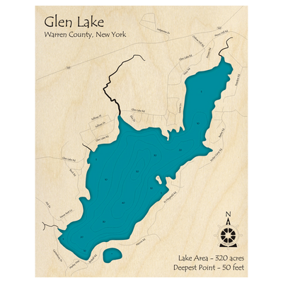 Bathymetric topo map of Glen Lake, NY with roads, towns and depths noted in blue water.