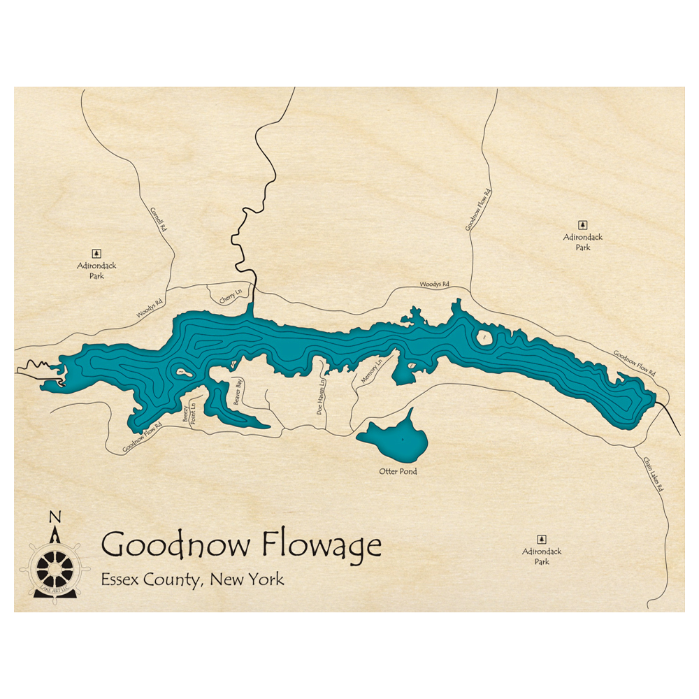 Bathymetric topo map of Goodnow Flowage, NY with roads, towns and depths noted in blue water.