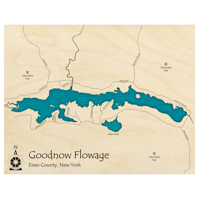 Bathymetric topo map of Goodnow Flowage, NY with roads, towns and depths noted in blue water.