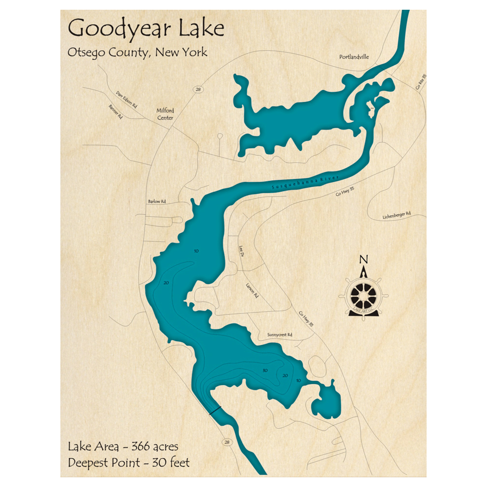Bathymetric topo map of Goodyear Lake, NY with roads, towns and depths noted in blue water.