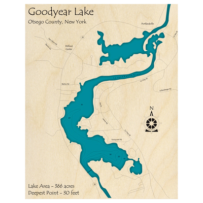 Bathymetric topo map of Goodyear Lake, NY with roads, towns and depths noted in blue water.