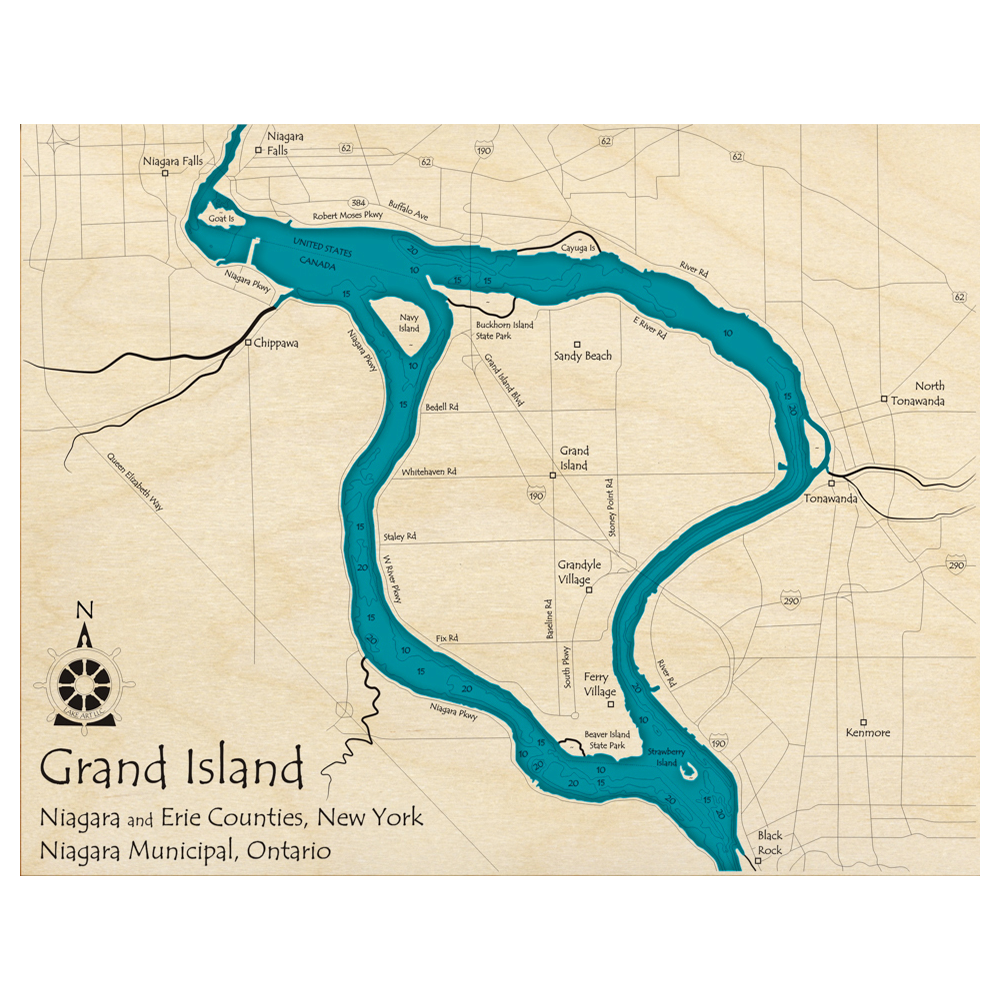 Bathymetric topo map of Grand Island, NY with roads, towns and depths noted in blue water.