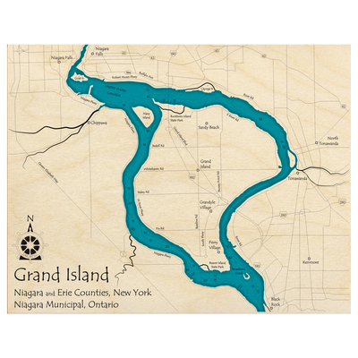 Bathymetric topo map of Grand Island, NY with roads, towns and depths noted in blue water.
