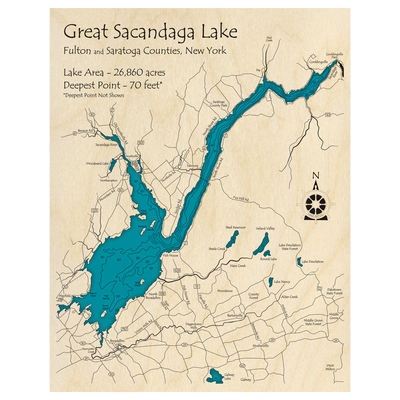 Bathymetric topo map of Great Sacandaga Lake, NY with roads, towns and depths noted in blue water.