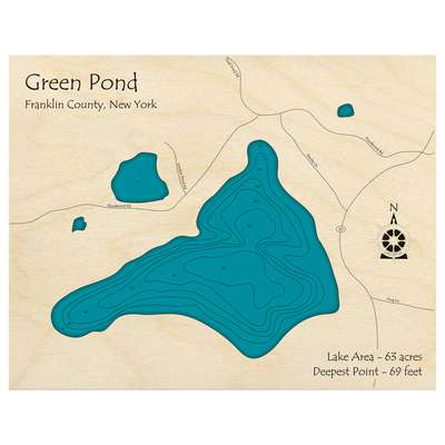 Bathymetric topo map of Green Pond, NY with roads, towns and depths noted in blue water.