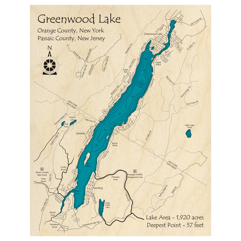 Bathymetric topo map of Greenwood Lake (NJ, NY) with roads, towns and depths noted in blue water.