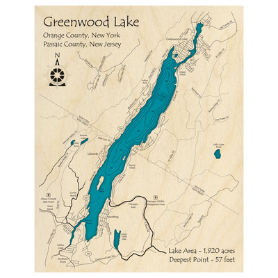 Bathymetric topo map of Greenwood Lake (NJ, NY) with roads, towns and depths noted in blue water.