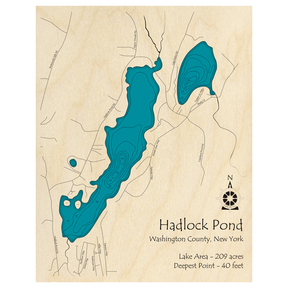 Bathymetric topo map of Hadlock Pond, NY with roads, towns and depths noted in blue water.