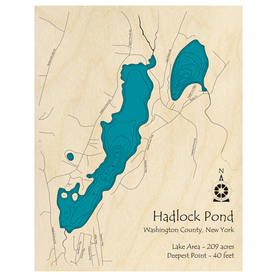 Bathymetric topo map of Hadlock Pond, NY with roads, towns and depths noted in blue water.
