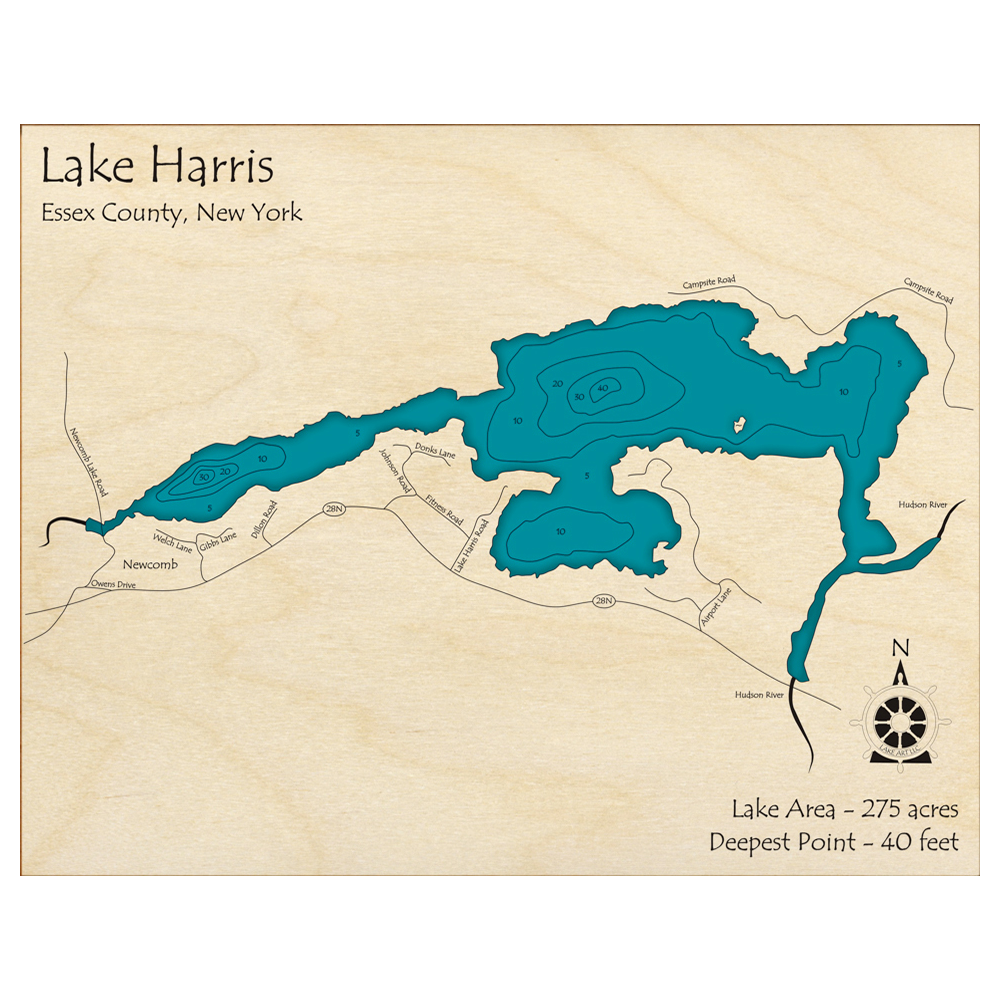 Bathymetric topo map of Lake Harris, NY with roads, towns and depths noted in blue water.