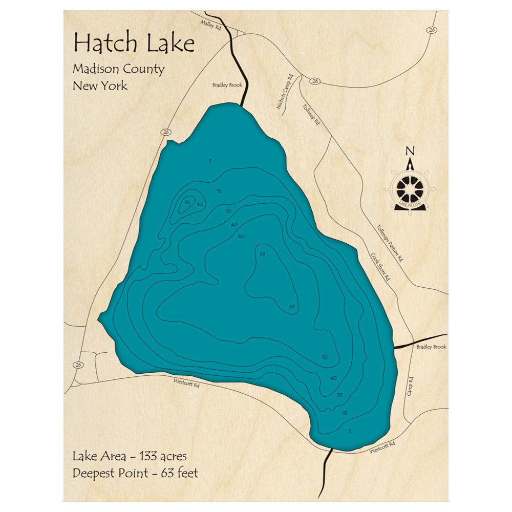 Bathymetric topo map of Hatch Lake, NY with roads, towns and depths noted in blue water.
