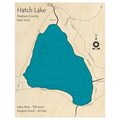 Bathymetric topo map of Hatch Lake, NY with roads, towns and depths noted in blue water.