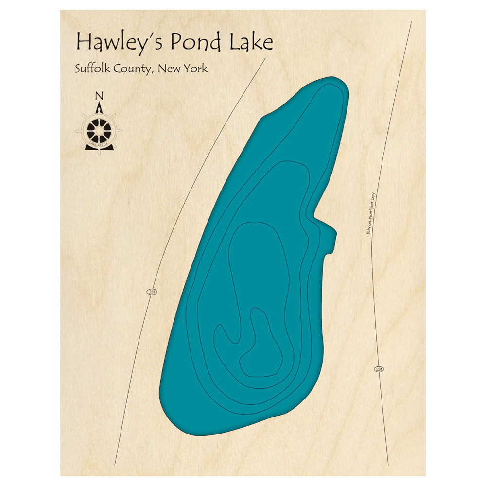 Bathymetric topo map of Hawleys Pond, NY with roads, towns and depths noted in blue water.