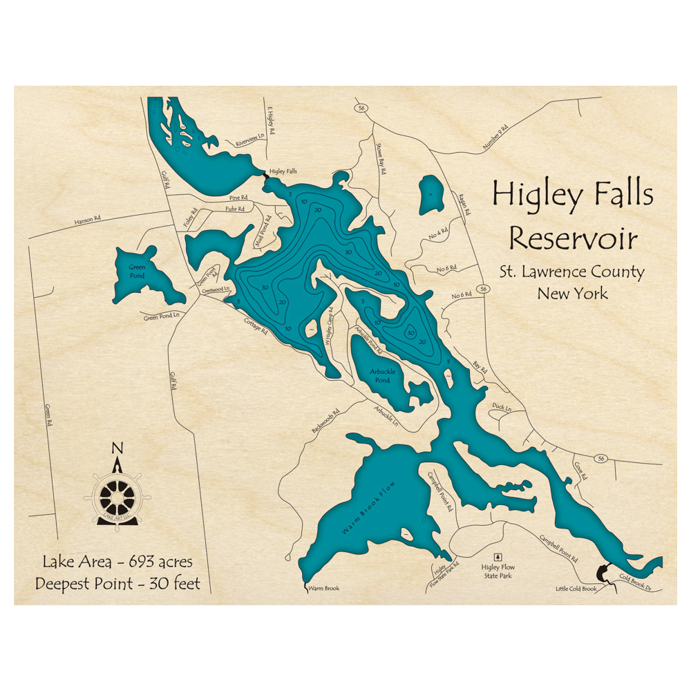Bathymetric topo map of Higley Falls Reservoir, NY with roads, towns and depths noted in blue water.