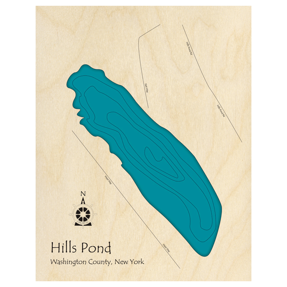 Bathymetric topo map of Hills Pond, NY with roads, towns and depths noted in blue water.