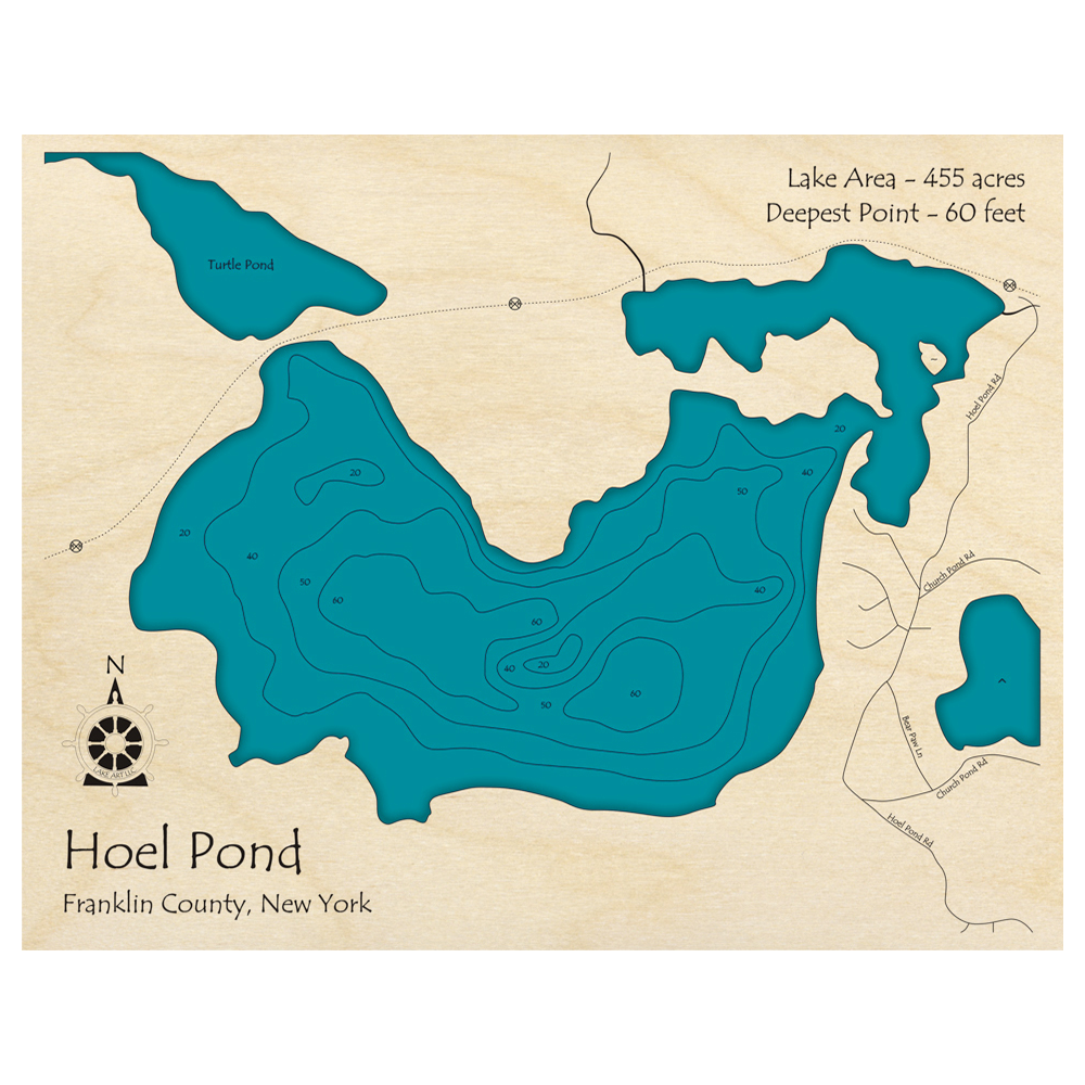 Bathymetric topo map of Hoel Pond, NY with roads, towns and depths noted in blue water.