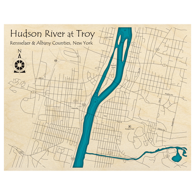 Bathymetric topo map of Hudson River, NY with roads, towns and depths noted in blue water.