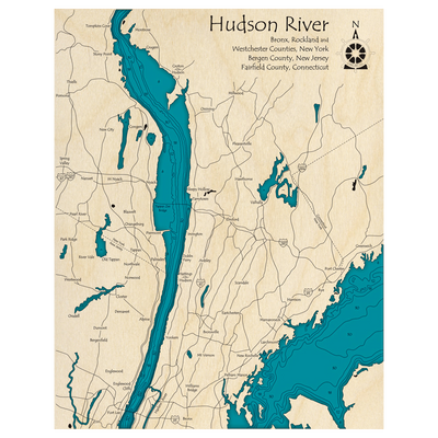 Bathymetric topo map of Hudson River, NY with roads, towns and depths noted in blue water.