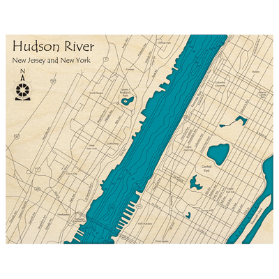 Bathymetric topo map of Hudson River (NJ, NY) with roads, towns and depths noted in blue water.