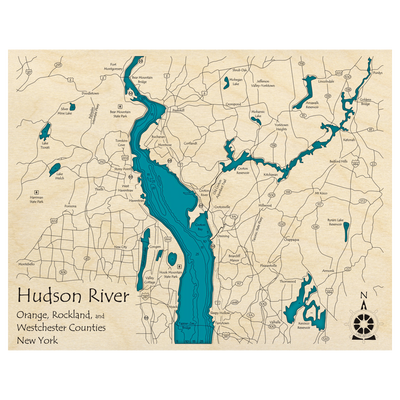 Bathymetric topo map of Hudson River, NY with roads, towns and depths noted in blue water.