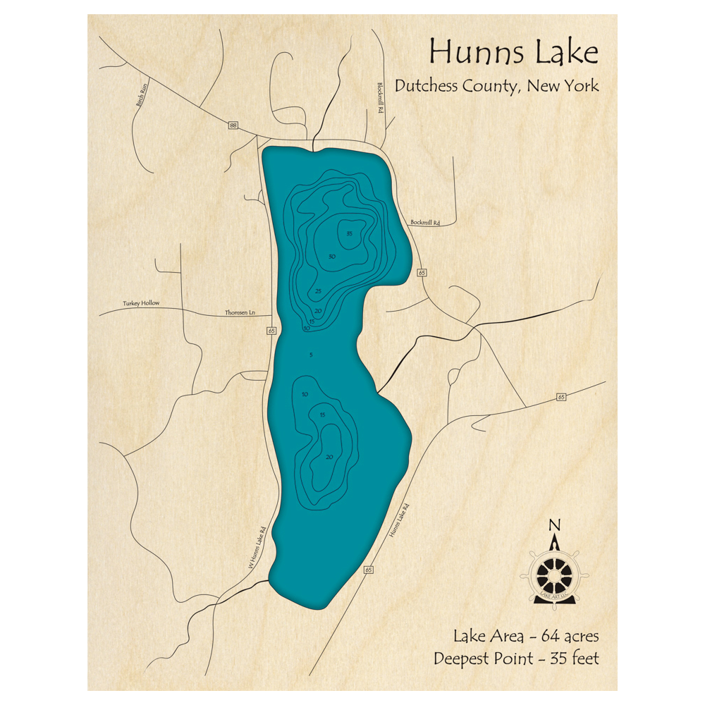 Bathymetric topo map of Hunns Lake, NY with roads, towns and depths noted in blue water.