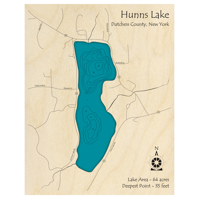 Bathymetric topo map of Hunns Lake, NY with roads, towns and depths noted in blue water.