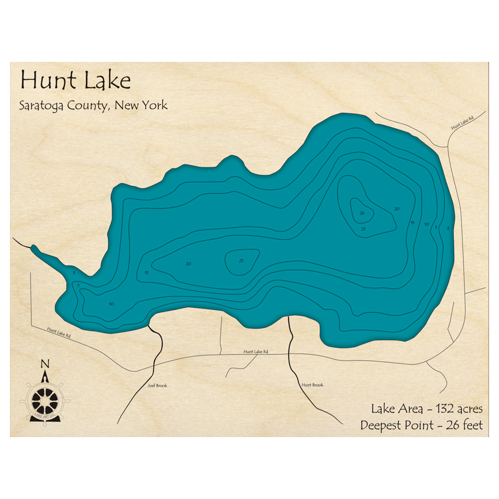 Bathymetric topo map of Hunt Lake, NY with roads, towns and depths noted in blue water.