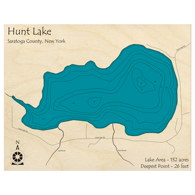 Bathymetric topo map of Hunt Lake, NY with roads, towns and depths noted in blue water.