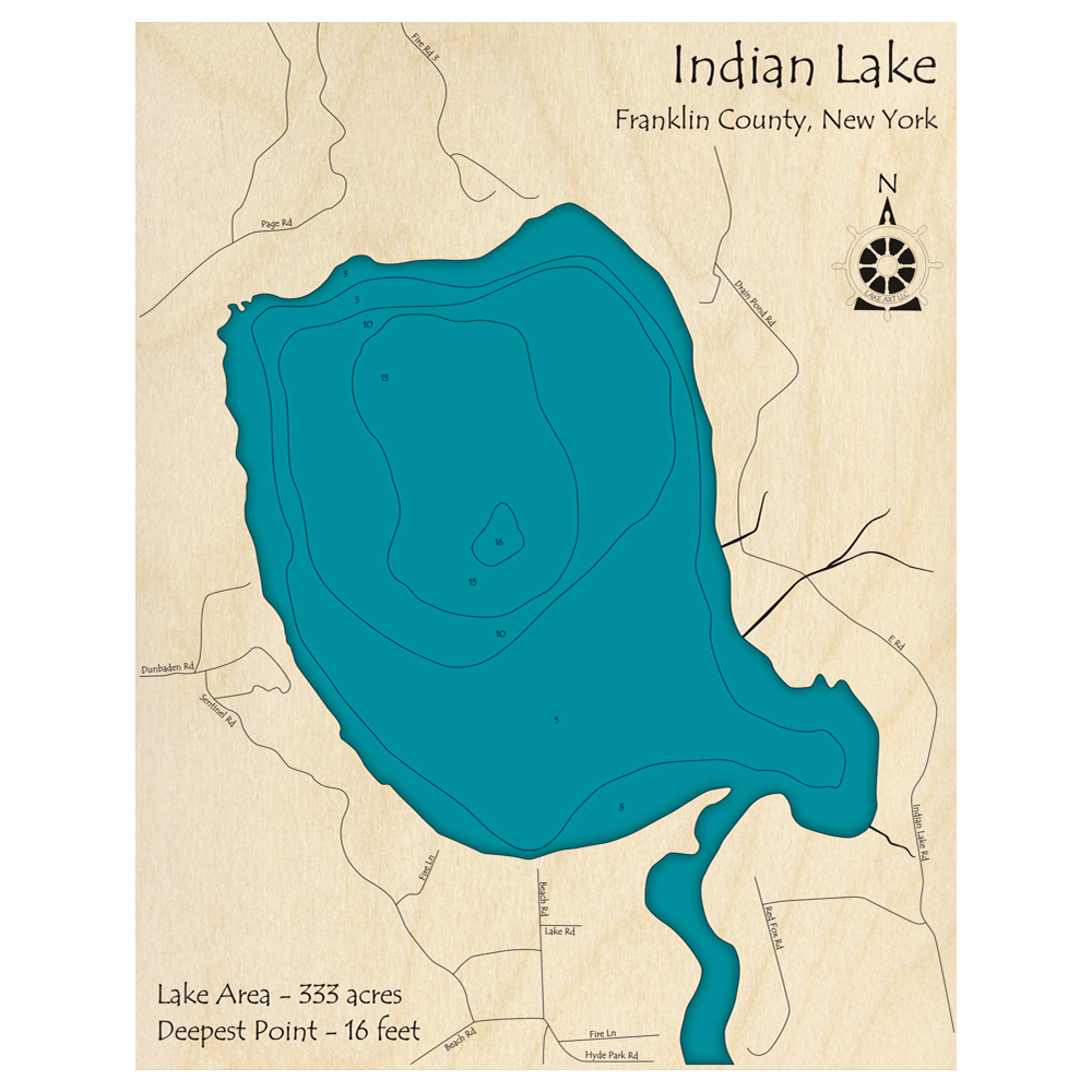 Bathymetric topo map of Indian Lake, NY with roads, towns and depths noted in blue water.