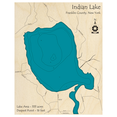 Bathymetric topo map of Indian Lake, NY with roads, towns and depths noted in blue water.