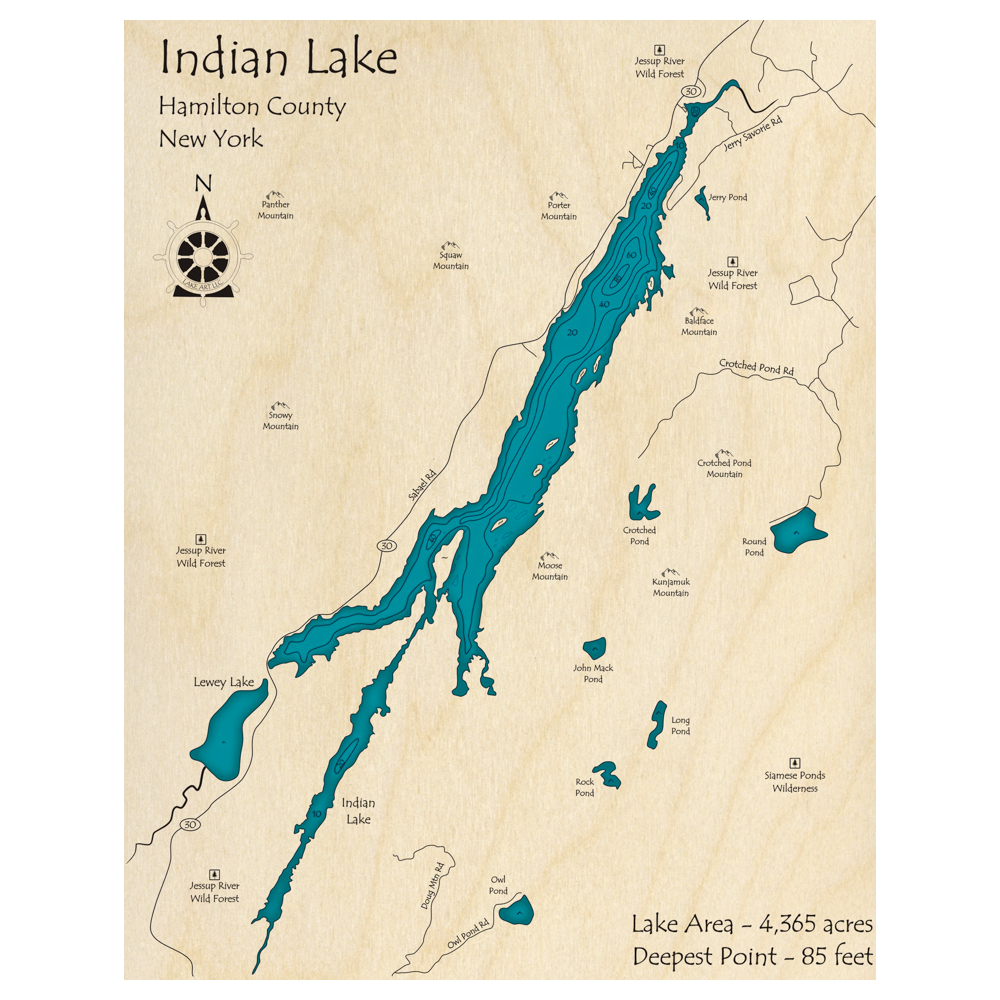 Bathymetric topo map of Indian Lake, NY with roads, towns and depths noted in blue water.