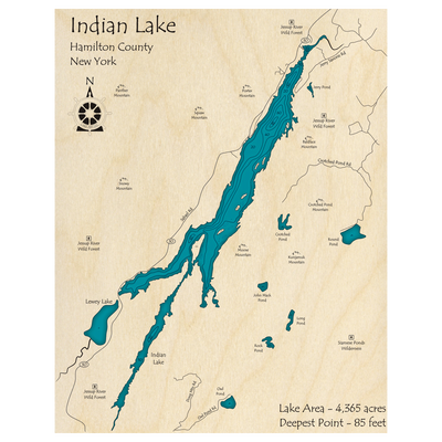 Bathymetric topo map of Indian Lake, NY with roads, towns and depths noted in blue water.