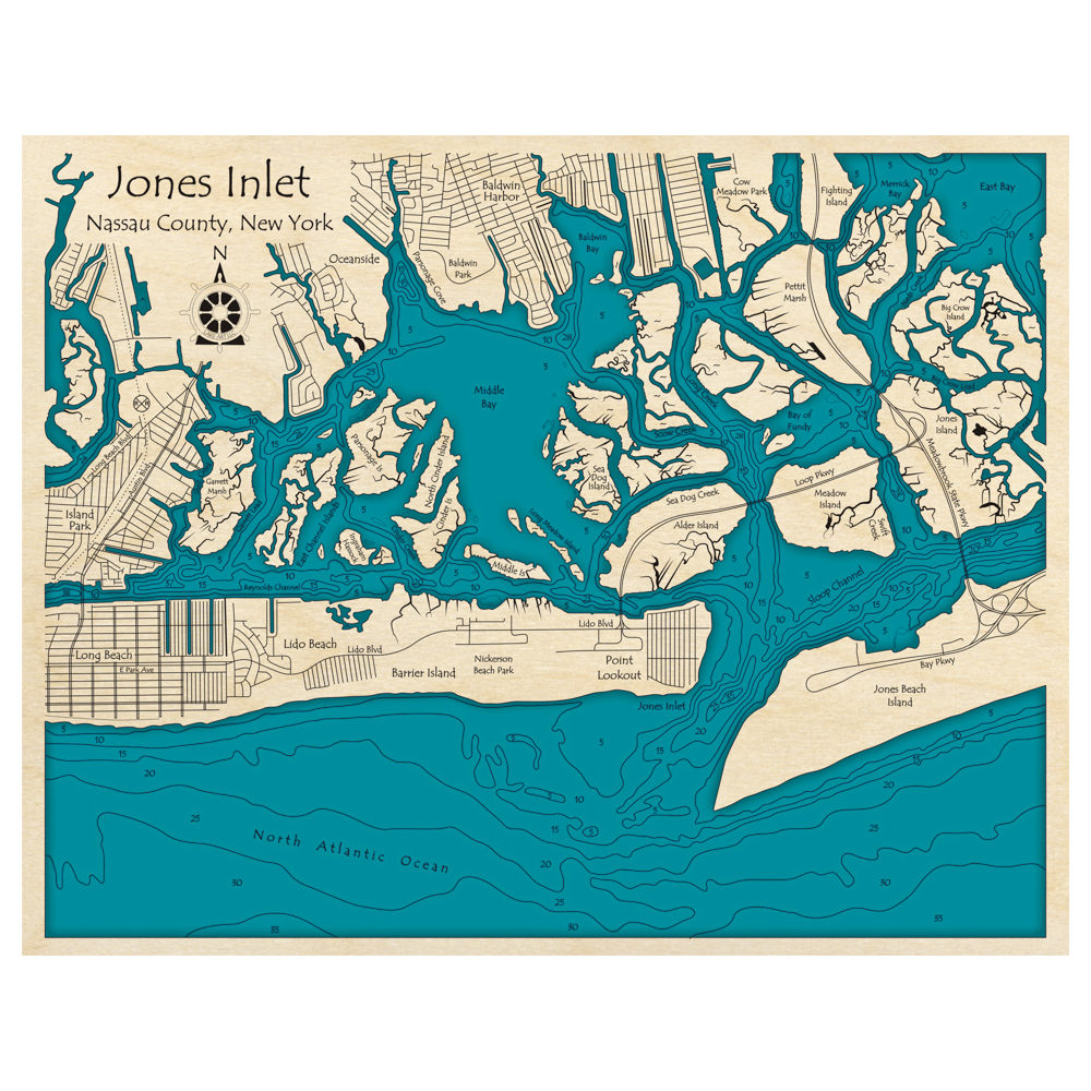 Bathymetric topo map of Jones Inlet, NY with roads, towns and depths noted in blue water.
