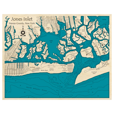 Bathymetric topo map of Jones Inlet, NY with roads, towns and depths noted in blue water.