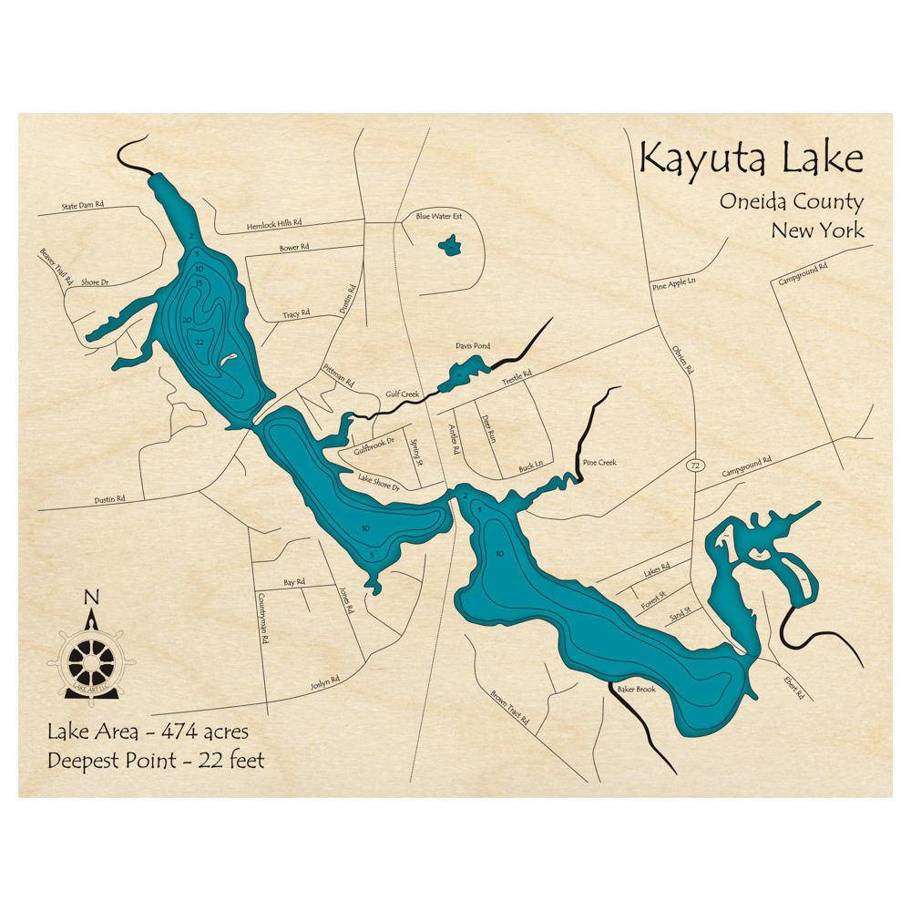 Bathymetric topo map of Kayuta Lake, NY with roads, towns and depths noted in blue water.