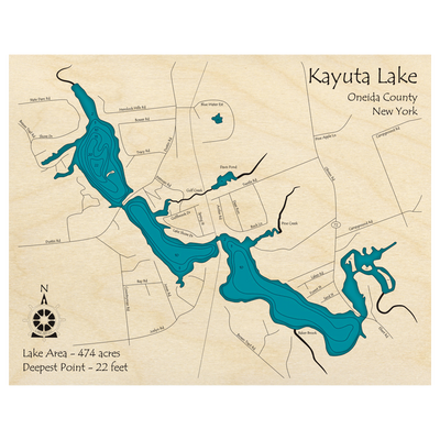 Bathymetric topo map of Kayuta Lake, NY with roads, towns and depths noted in blue water.