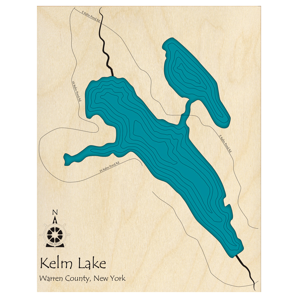 Bathymetric topo map of Kelm Lake, NY with roads, towns and depths noted in blue water.