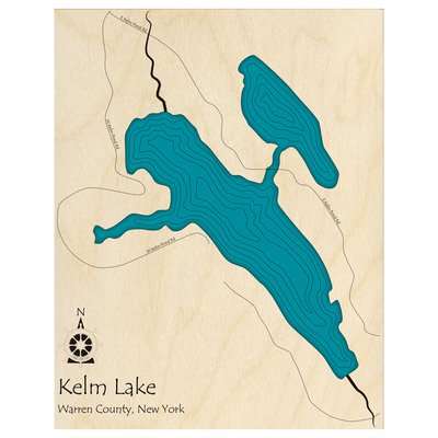 Bathymetric topo map of Kelm Lake, NY with roads, towns and depths noted in blue water.