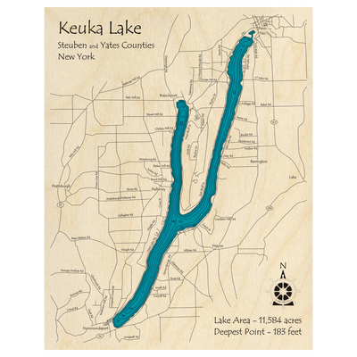 Bathymetric topo map of Keuka Lake, NY with roads, towns and depths noted in blue water.