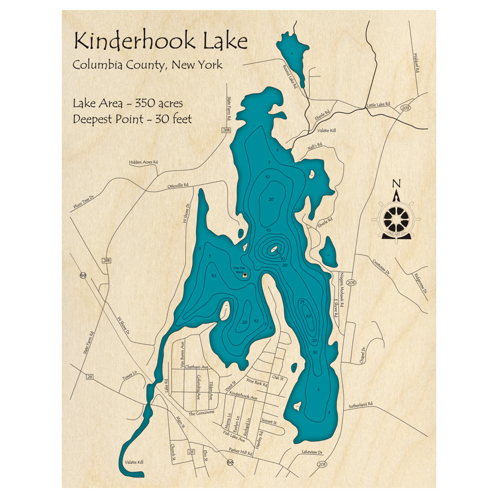 Bathymetric topo map of Kinderhook Lake, NY with roads, towns and depths noted in blue water.