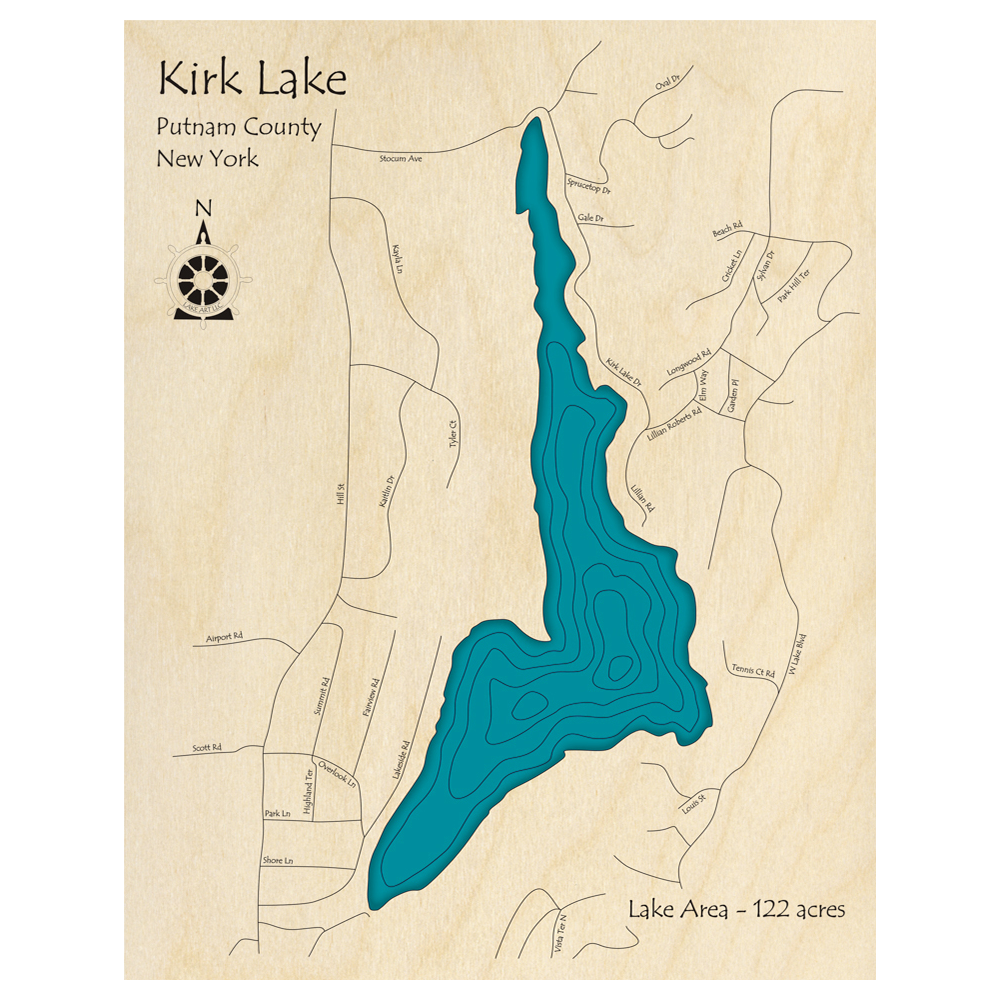 Bathymetric topo map of Kirk Lake, NY with roads, towns and depths noted in blue water.